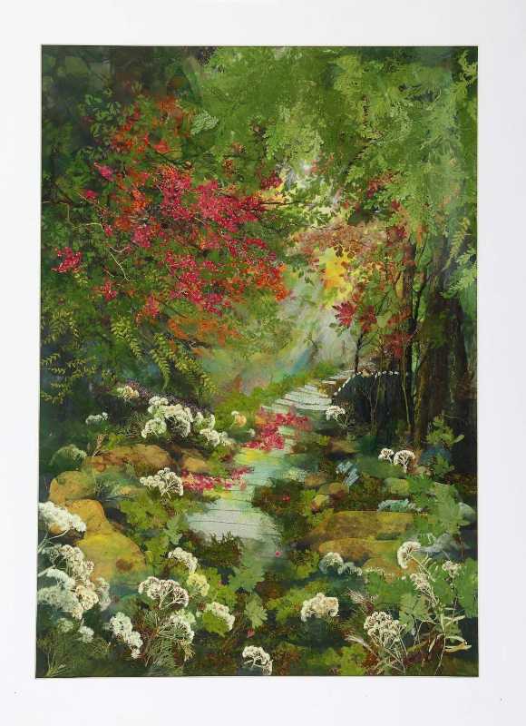 盧秀麗作品〈有美麗光線的山中步道〉是蒐集不同顏色四季花材並組合作出景深和近景表現.jpg